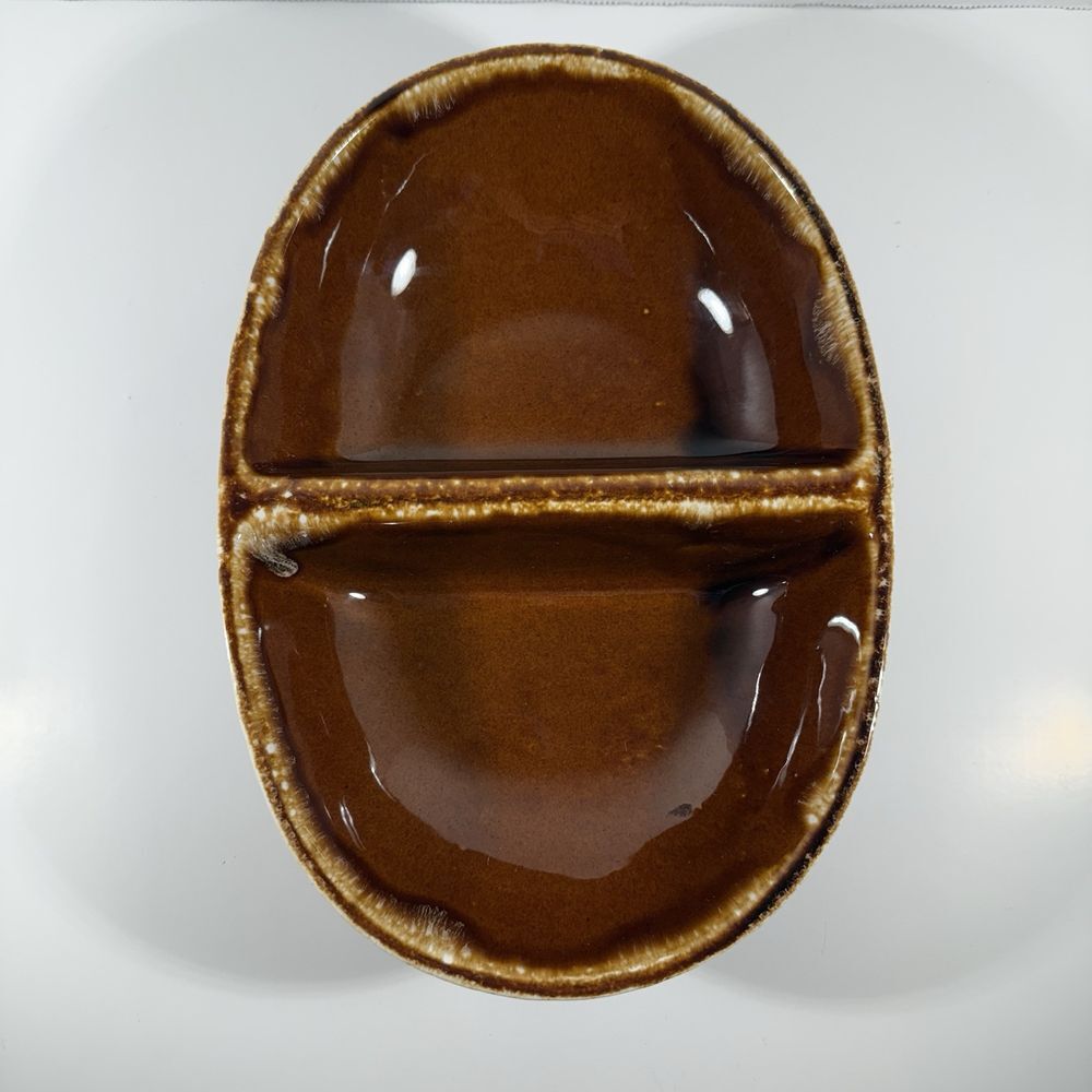 Vintage McCoy Kathy Kale Pottery Brown Drip Glaze 11" Divided Serving Bowl USA